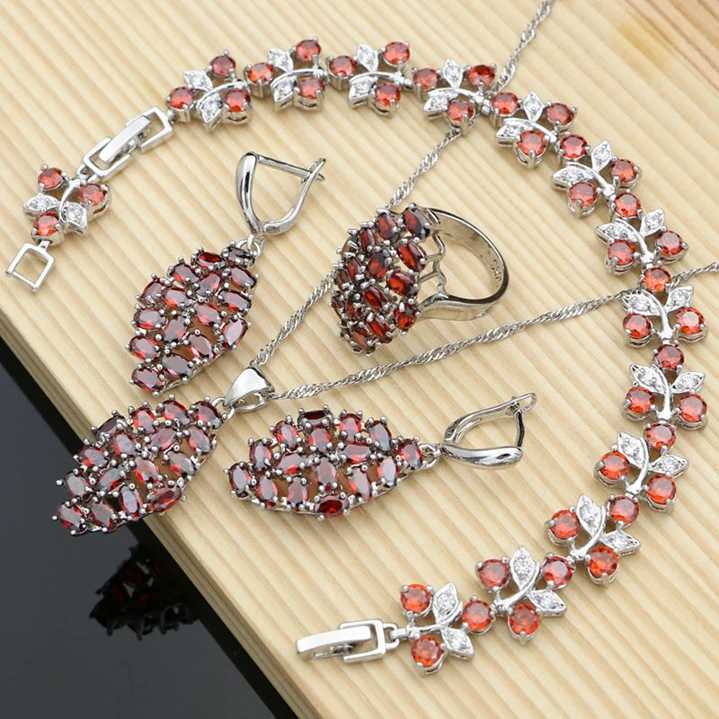 Natural Red Garnet Beads 925 Sterling Silver Jewelry Set for Women Wedding Bohemian Earring Birthstone Necklace Set Dropshipping