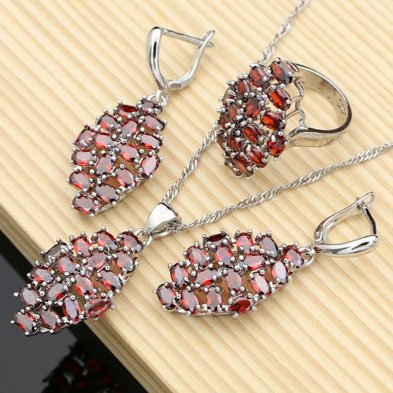 Natural Red Garnet Beads 925 Sterling Silver Jewelry Set for Women Wedding Bohemian Earring Birthstone Necklace Set Dropshipping