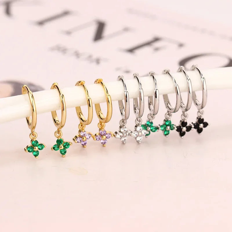 3PCS Exquisite Green Zircon Hanging Earrings Set for Women Stainless Steel Flower Dangle Earring Cartilage Piercing Jewelry