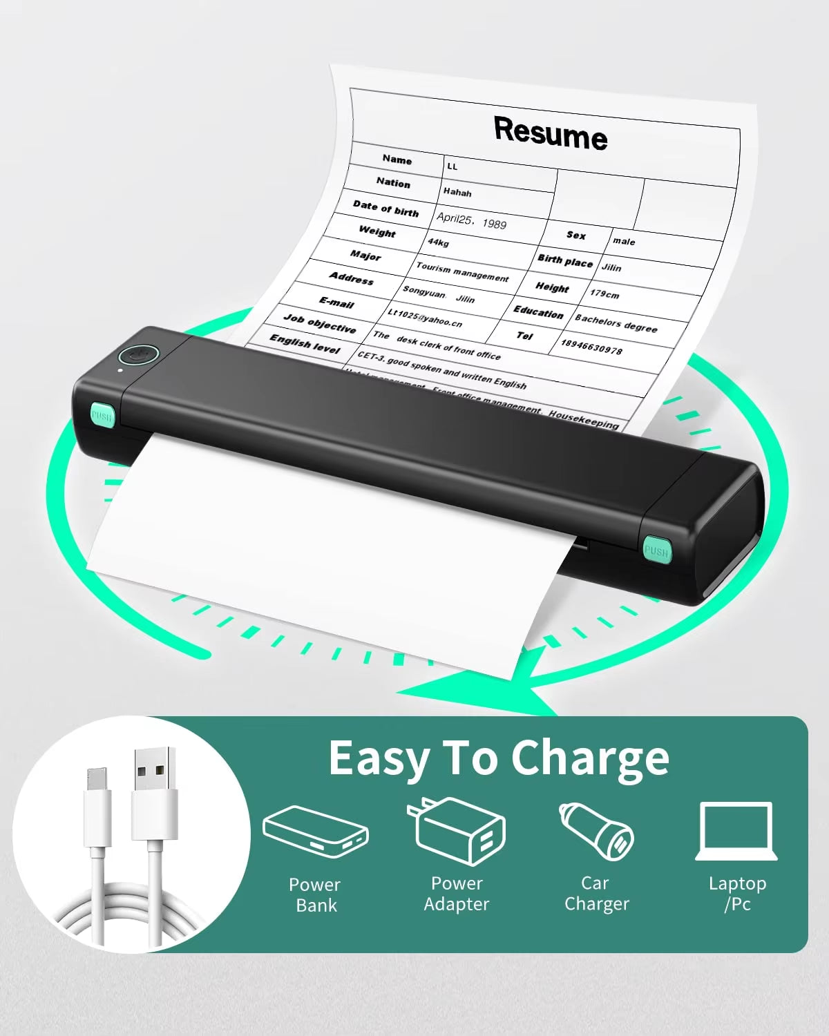 M08F A4 Paper Printer Portable Thermal Printer Bluetooth Mobile Printer Compatible with Android & Ios Phone & Laptop